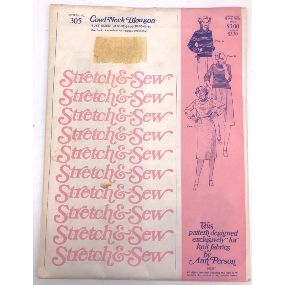 UNCUT Vintage Sewing PATTERN Stretch and Sew 305 by Ann Person, Ladies 1977 Cowl